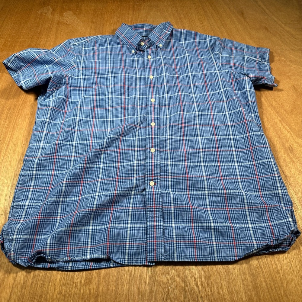 Cremieux Button Down Mens XL Blue Red Plaid Supima Cotton Short Sleeve Shirt